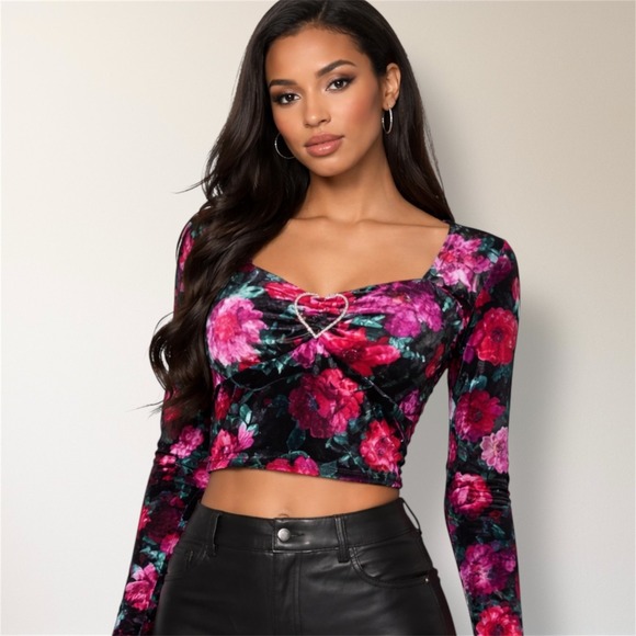 Madden Girl Tops - Madden NYC Junior 3XL Velvet Floral Crop Top Rhinestone Heart Y2K‎ Goth